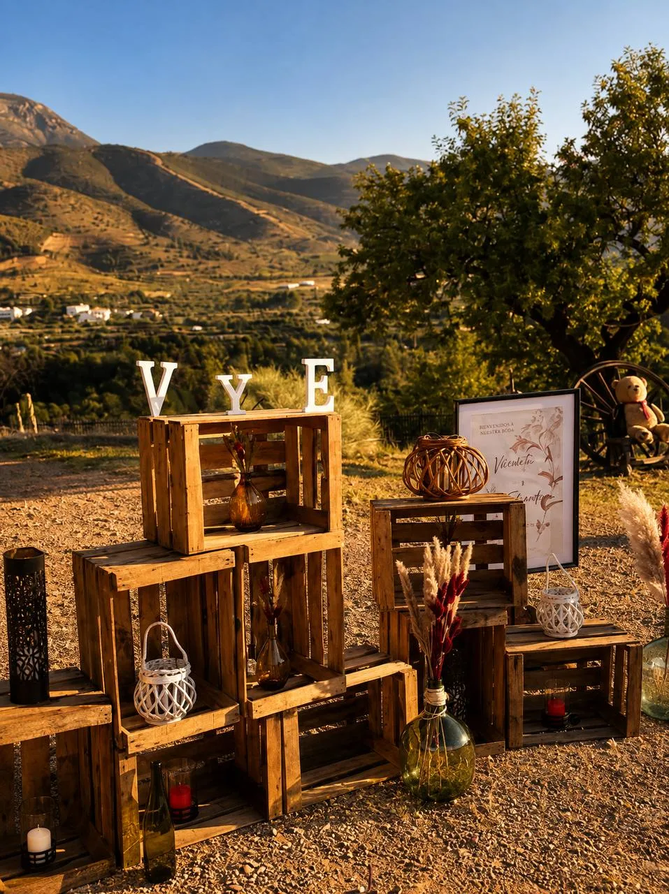 Rincón de bienvenida rústico para bodas