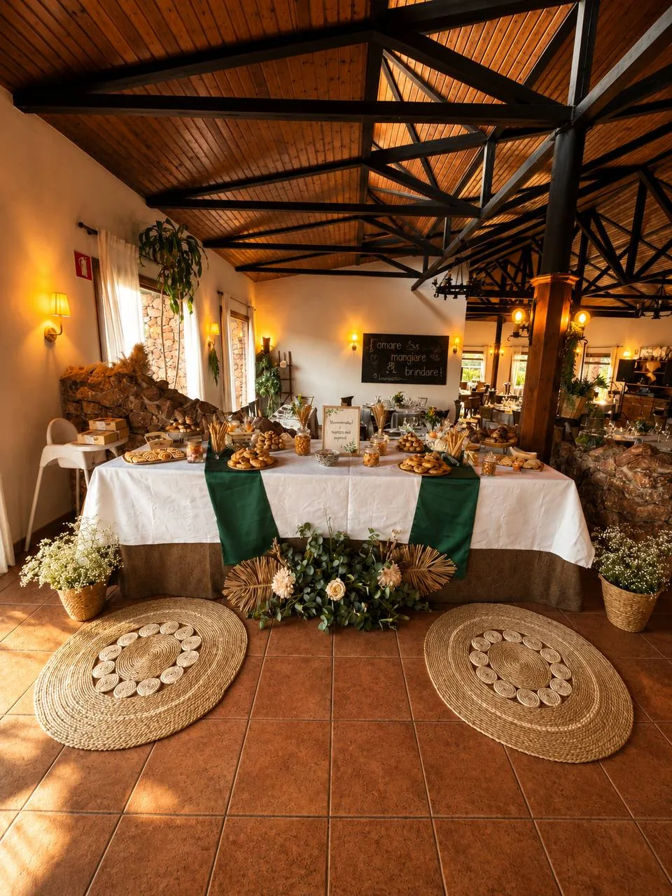 Gran salón rústico con techos de madera y buffet